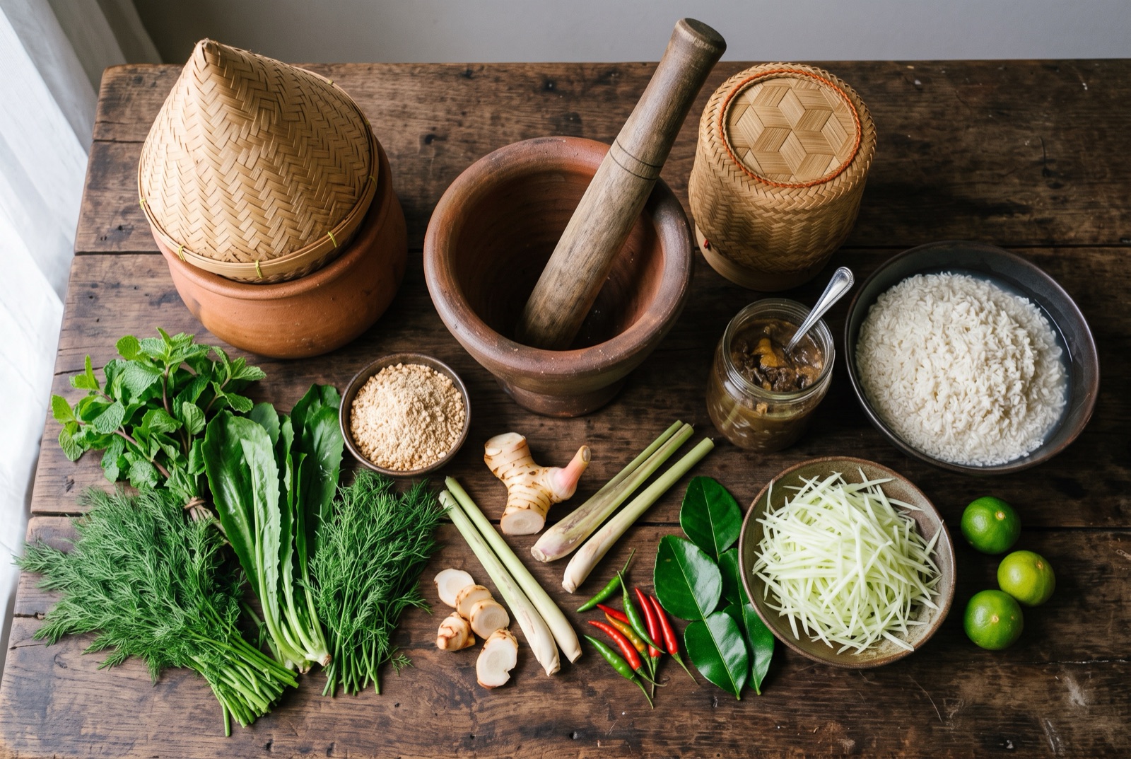 Lao kitchen staples arranged on wood — a basket of sticky rice, fresh dill, lemongrass, limes and dried chiles