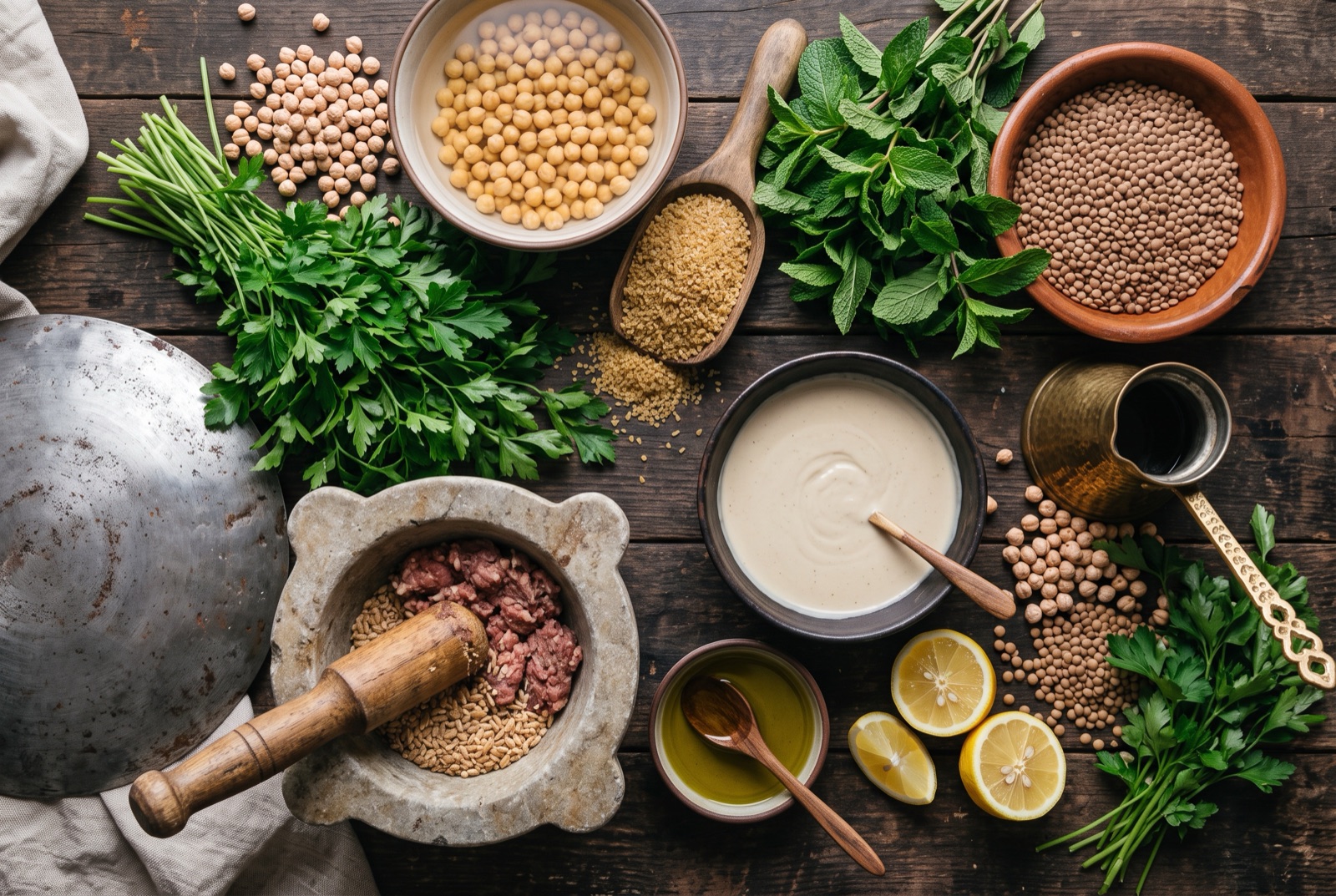 Overhead photograph of Lebanon kitchen staples — chickpeas, tahini, flat-leaf parsley and mint — on a dark wooden table