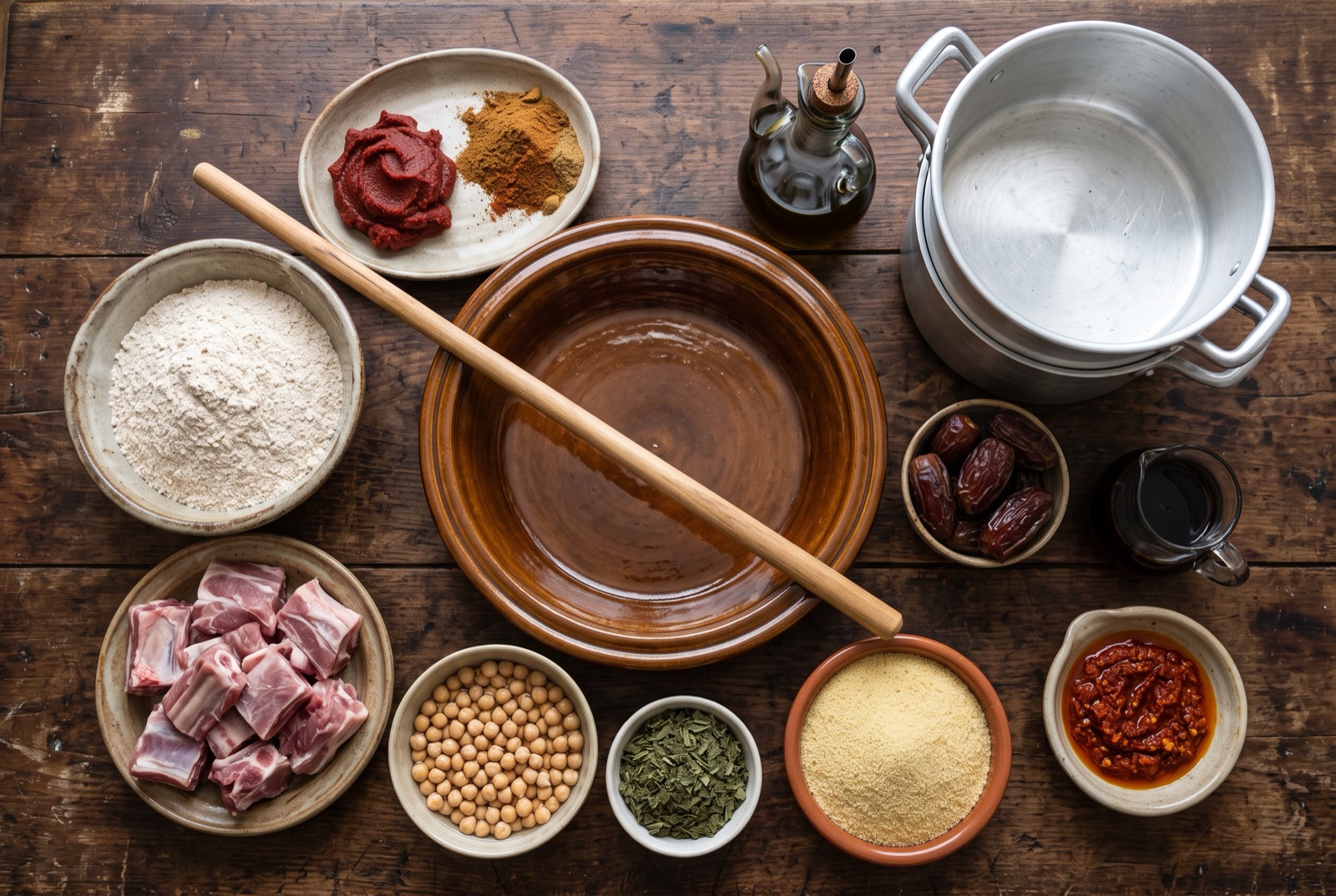 Illustrated Libyan kitchen staples: barley flour, tomato paste, dried mint, dates and a bowl of harissa