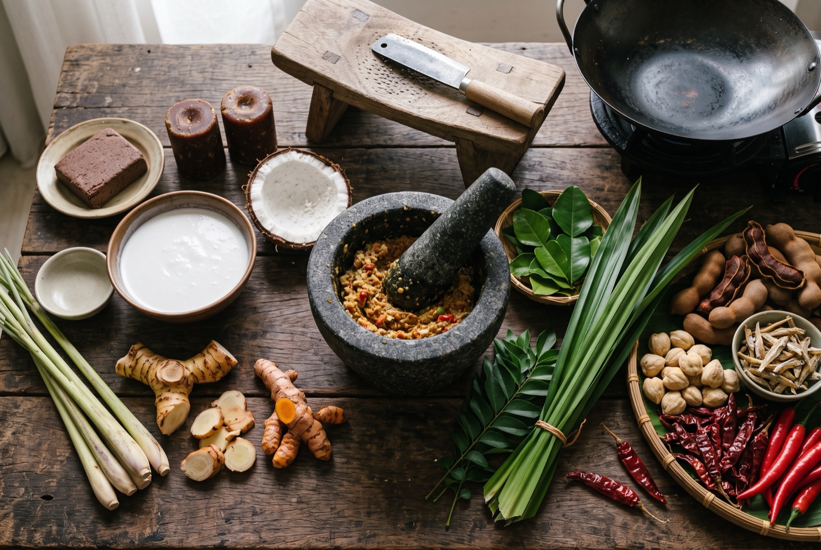 Overhead photograph of Malaysian kitchen staples — belacan, palm sugar, lemongrass, dried anchovies and coconut — on a dark wooden table