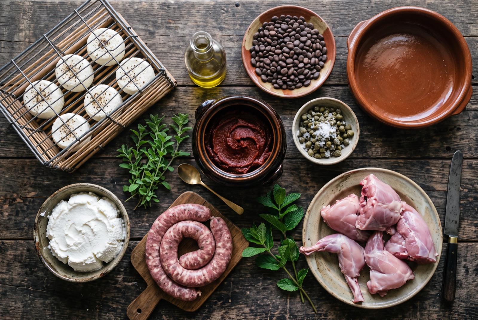 Maltese kitchen staples — peppered cheeselets, dried broad beans, capers, sun-dried tomatoes, kunserva and crusty sourdough bread on a limestone slab
