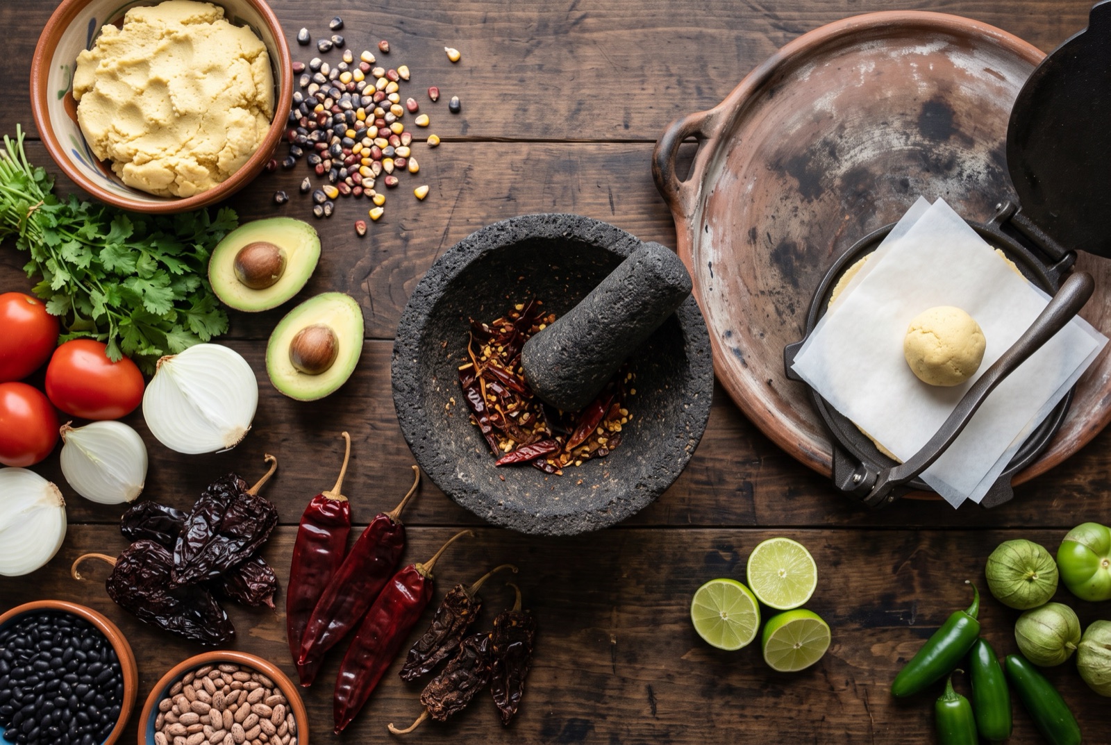 Overhead photograph of Mexico kitchen staples — corn, dried chiles, beans and lime — with volcanic stone molcajete on a dark wooden table