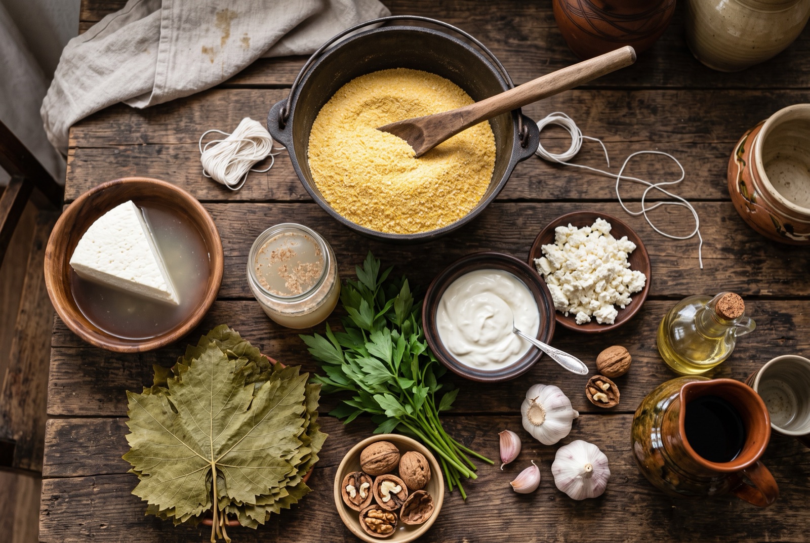 Moldovan kitchen staples — cornmeal, fresh curd cheese, thick soured cream, brined grapevine leaves, garlic and dill on a wooden table