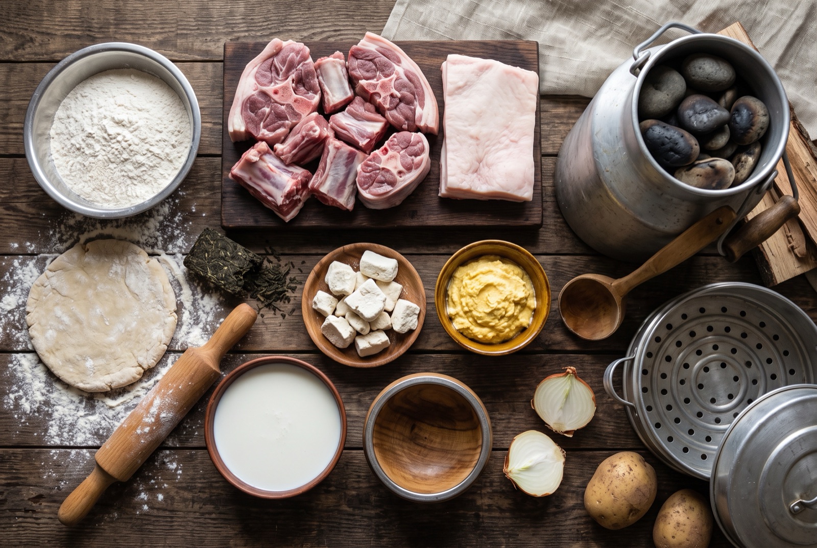 Mongolian kitchen staples — bone-in mutton, flour and rolled dough, a bowl of salted milk tea and chunks of hard dried curd on a plain wooden board