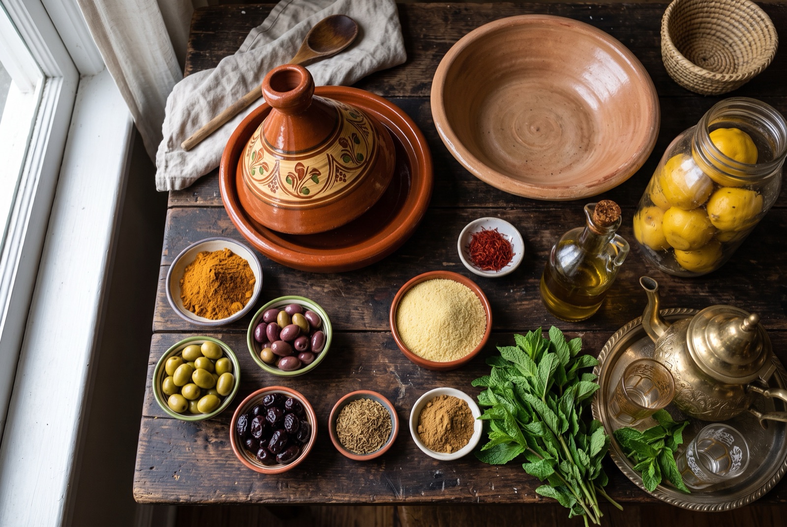 Overhead photograph of Morocco kitchen staples — preserved lemons, ras el hanout, olives and olive oil — with conical tagine pot on a dark wooden table
