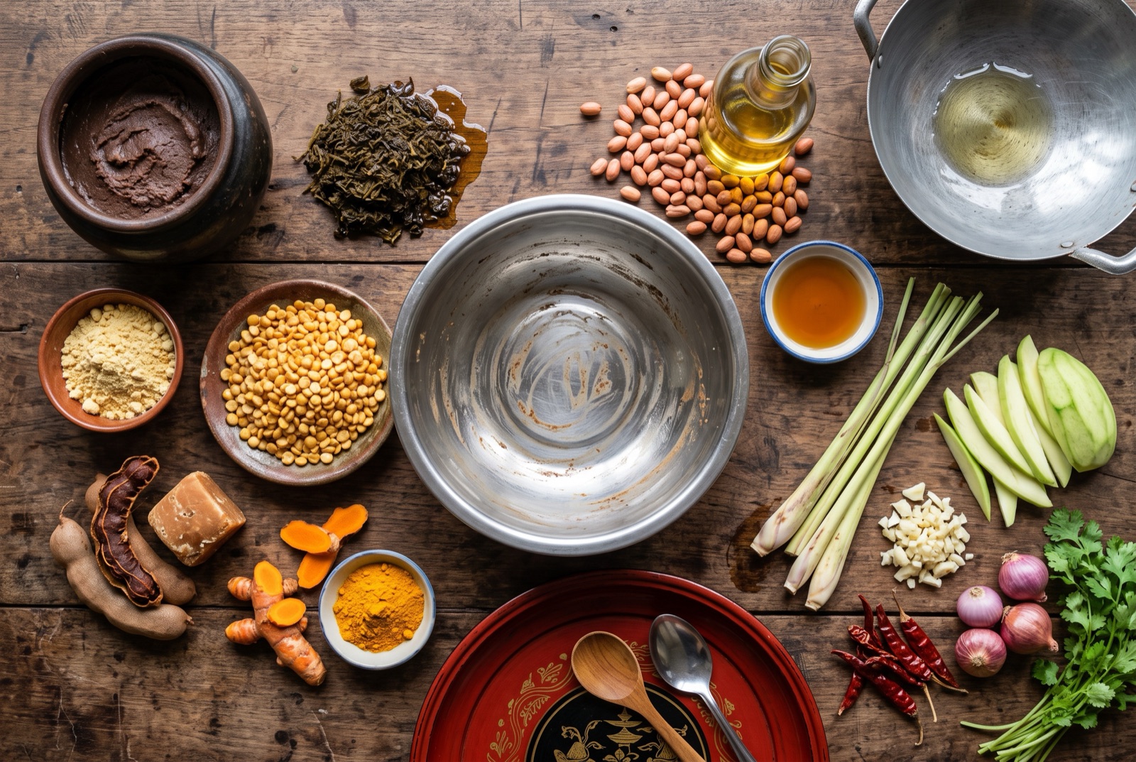 Burmese kitchen staples — fermented tea leaves, shrimp paste, peanuts, fried split peas, turmeric and tamarind on a wooden table