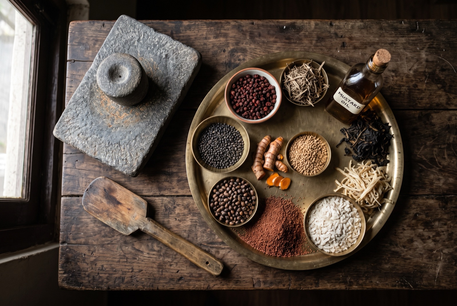 Nepali kitchen staples — timur pepper, mustard oil, dried gundruk greens, black lentils and finger millet flour in brass bowls