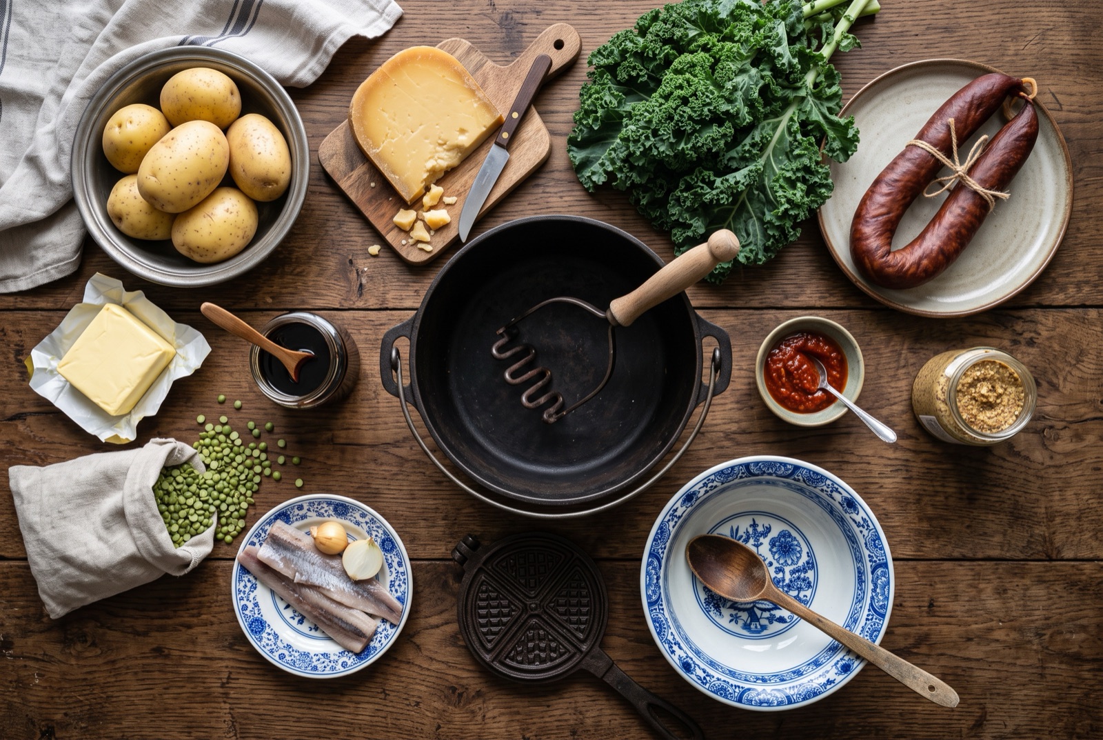 Overhead photograph of Netherlands kitchen staples — potatoes, Gouda cheese, kale and rookworst — with enamel pot on a dark wooden table