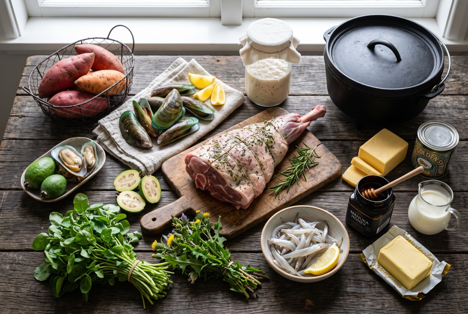 New Zealand kitchen staples on a wooden bench — kūmara, a lamb leg, green-lipped mussels, watercress, butter and mānuka honey