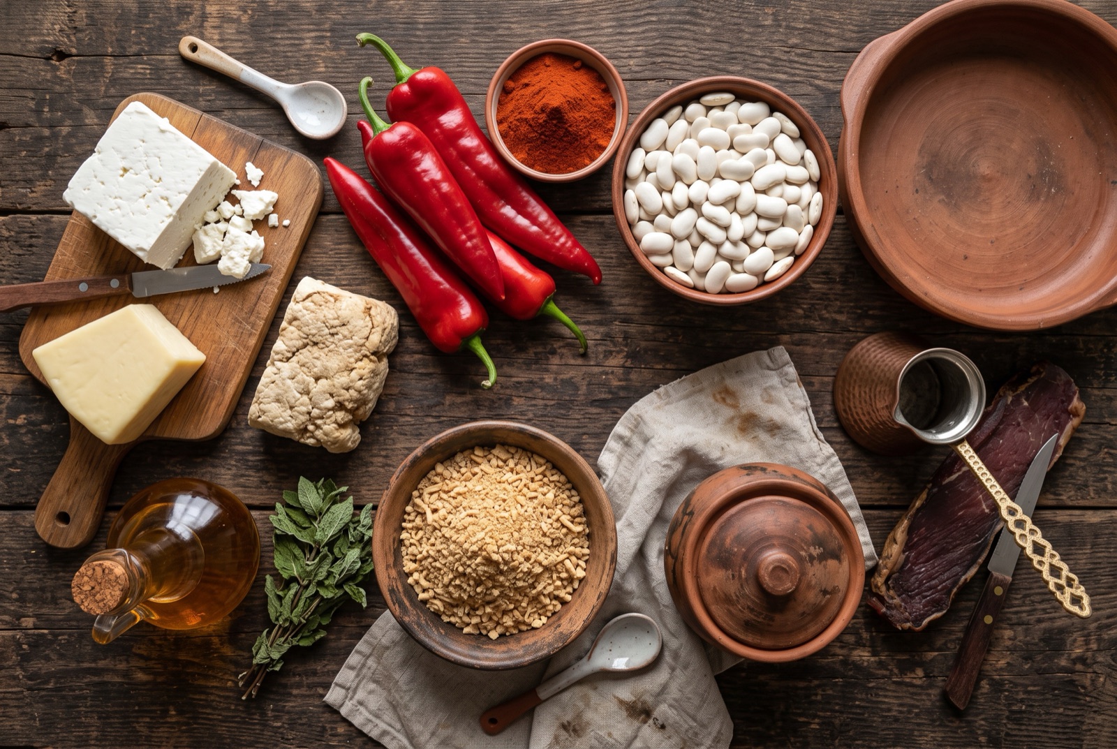 Macedonian kitchen staples — a jar of ajvar, long red peppers, dried paprika, flat white beans and crumbled brined cheese in an earthenware pan