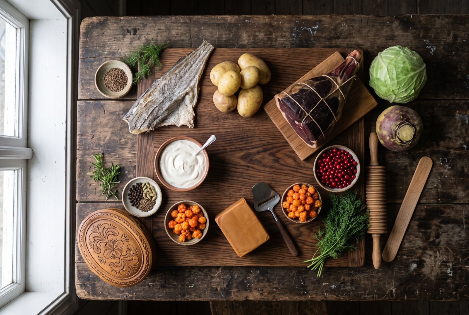 Overhead photograph of Norway kitchen staples — dried and salted cod, cured lamb, potatoes and sour cream — with wooden board on a dark wooden table