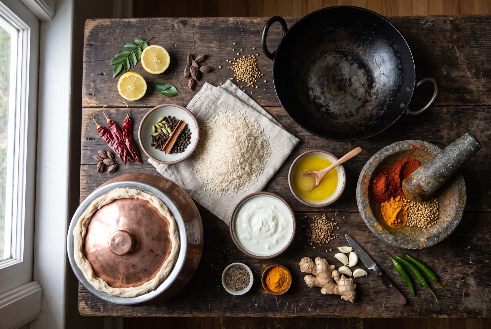 Pakistani kitchen staples arranged on dark wood — basmati rice, dried red chiles, green cardamom, ginger and ghee