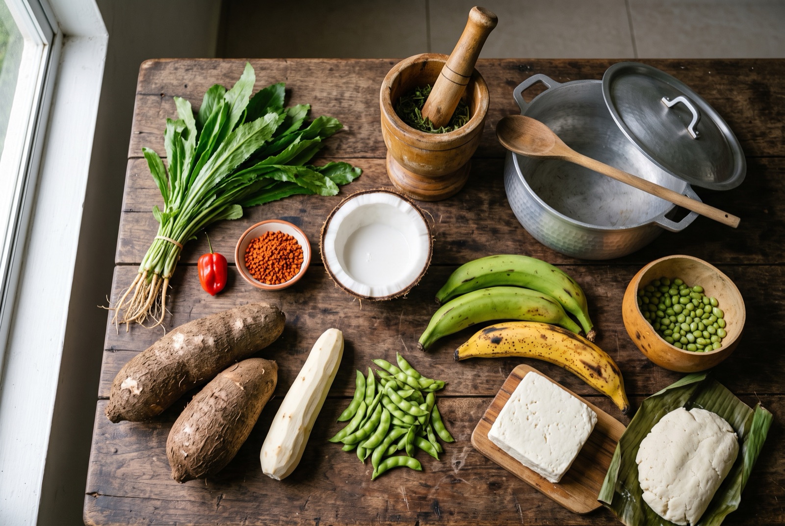 Panamanian kitchen staples — culantro leaves, pigeon peas, a halved coconut, green plantains, yuca and a red ají chombo chile on a wooden board