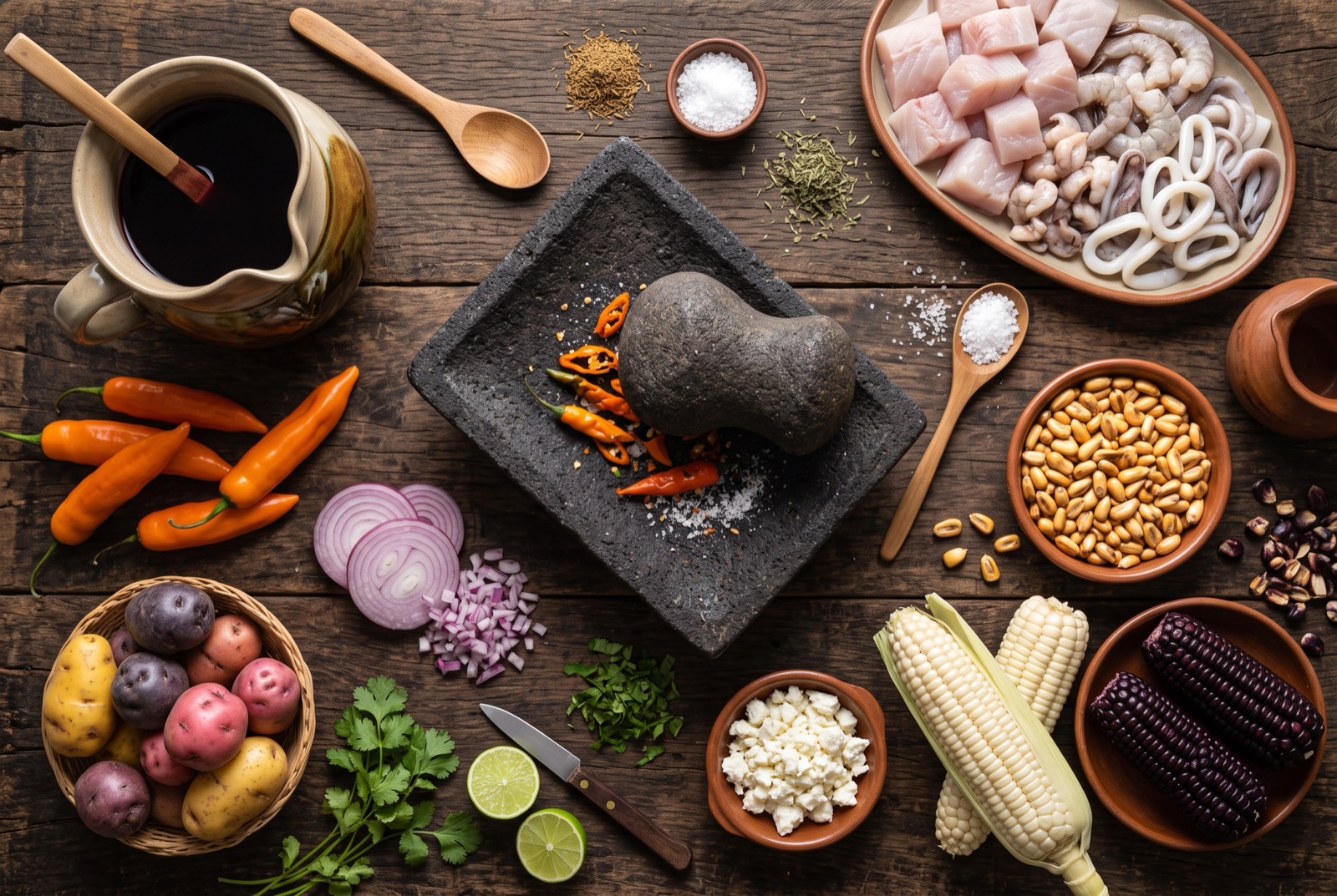 Overhead photograph of Peru kitchen staples — ají amarillo, native potatoes, lime and corn (choclo — with stone batan grinder on a dark wooden table