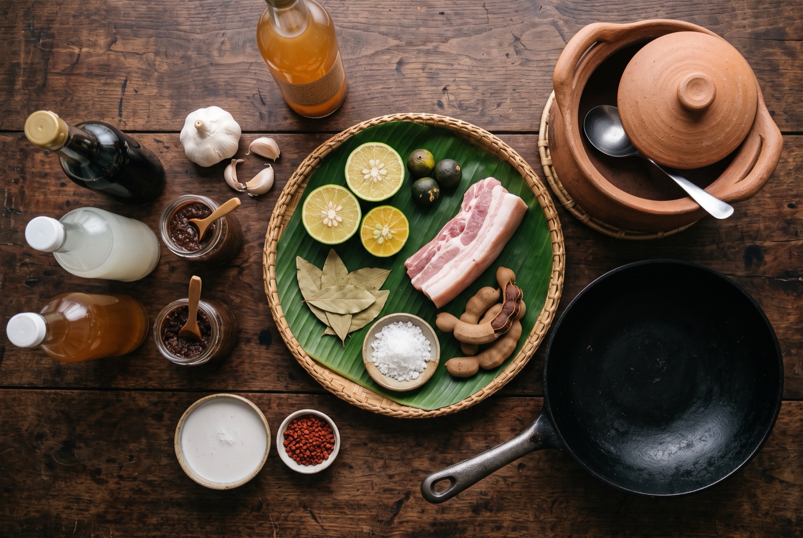 Overhead arrangement of Filipino kitchen staples — cane vinegar, soy sauce, calamansi, garlic and bagoong shrimp paste on a dark wooden table