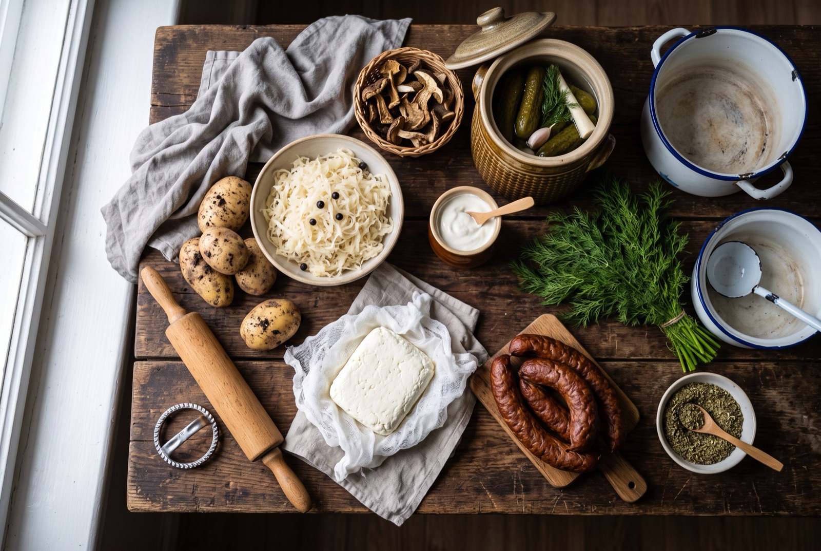 Overhead photograph of Poland kitchen staples — sauerkraut, potatoes, twaróg and smoked kiełbasa — with enamel pot on a dark wooden table