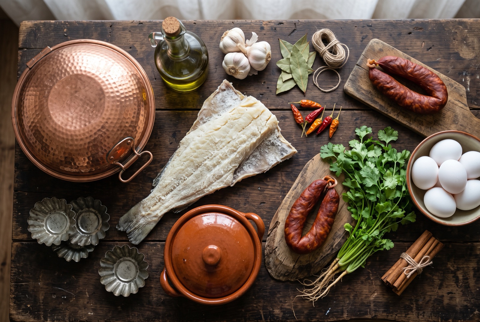 Overhead photograph of Portugal kitchen staples — bacalhau, olive oil, garlic and bay leaf — with terracotta clay pot on a dark wooden table