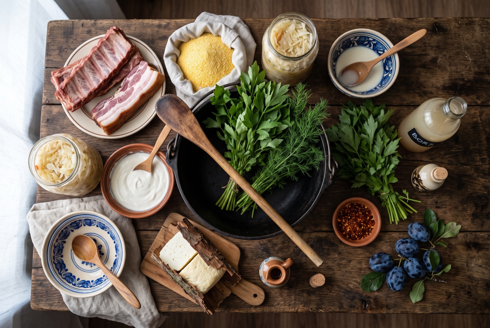 Romanian kitchen staples arranged on a wooden board — cornmeal, smoked pork, sauerkraut, sour cream and dill