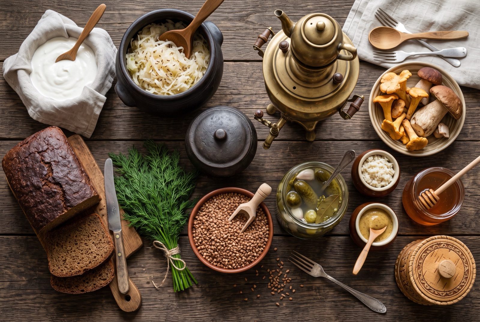 Russian kitchen staples arranged on dark wood — rye bread, sour cream, dill, sauerkraut and pickled cucumbers