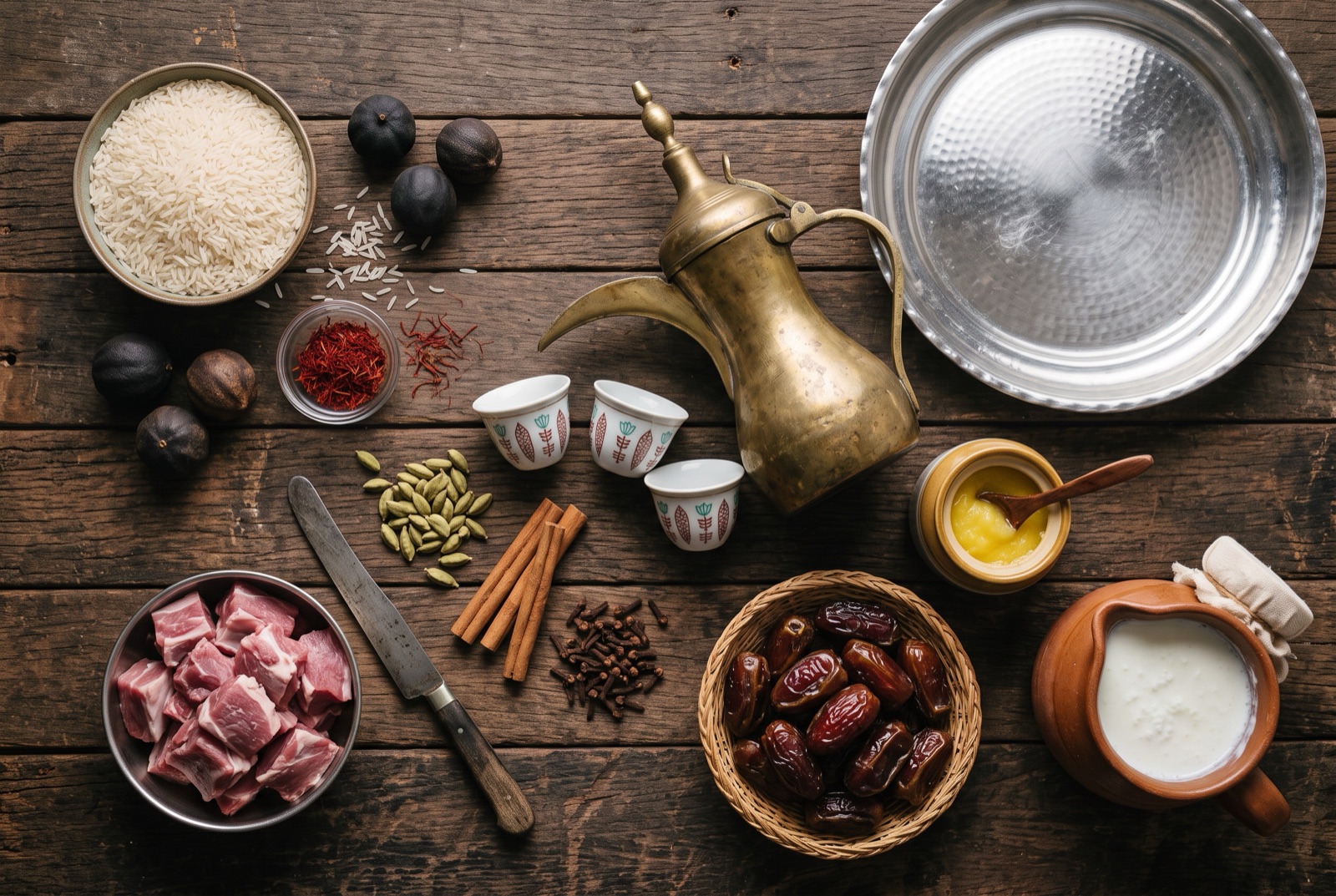 Saudi kitchen staples arranged on a dark table — dried black limes, green cardamom, basmati rice, dates and a brass coffee dallah