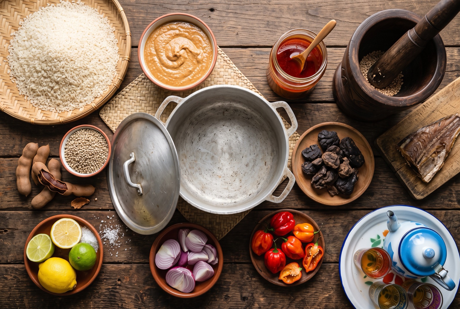Senegalese kitchen staples laid out together — broken rice, groundnut paste, dried hibiscus, limes and red palm oil