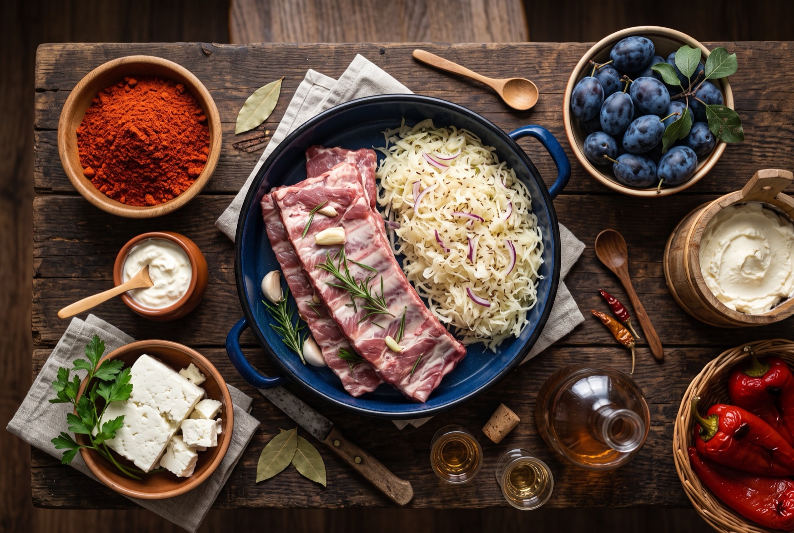 Overhead photograph of Serbia kitchen staples — paprika, smoked pork, sauerkraut and kajmak — with enamelled baking tray on a dark wooden table