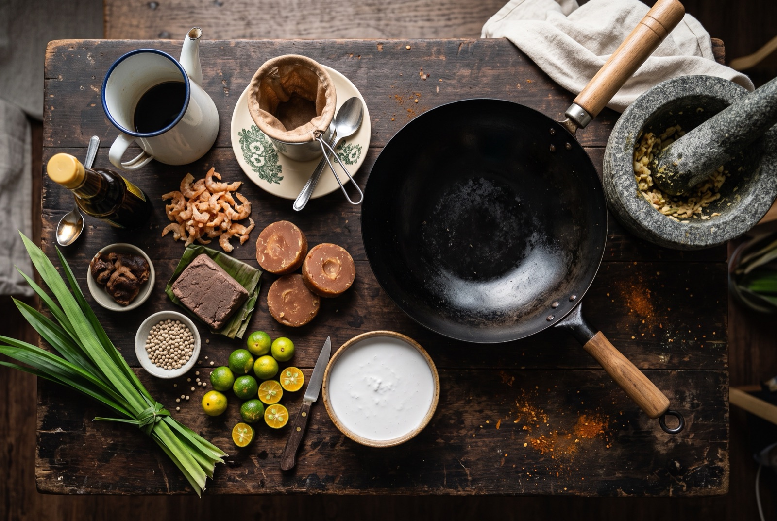 Overhead photograph of Singaporean kitchen staples — belacan, palm sugar, pandan leaves, white peppercorns and calamansi limes — on a dark wooden table