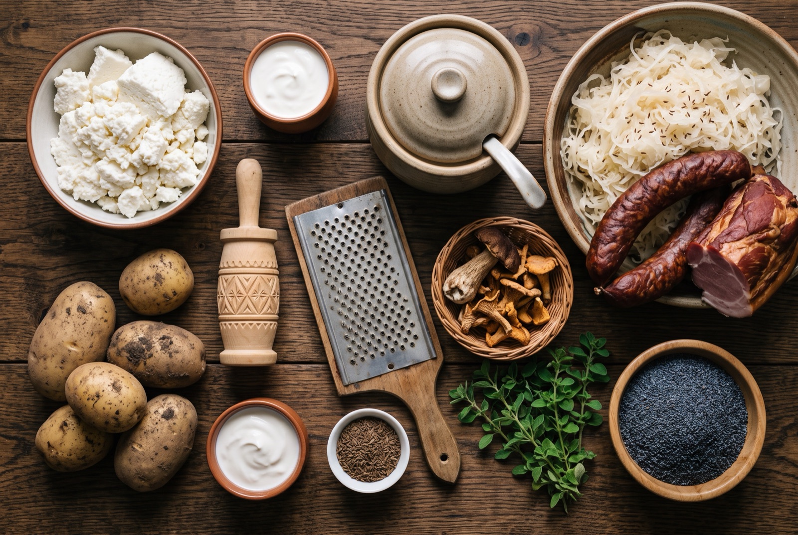 Slovak kitchen staples on a rustic table — bryndza sheep cheese, potatoes, sauerkraut, caraway and smoked sausage