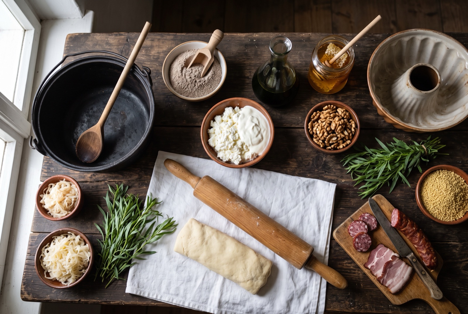 Slovenian kitchen staples on a wooden board — buckwheat flour, walnuts, fresh curd, pumpkin seed oil and a coil of smoked sausage