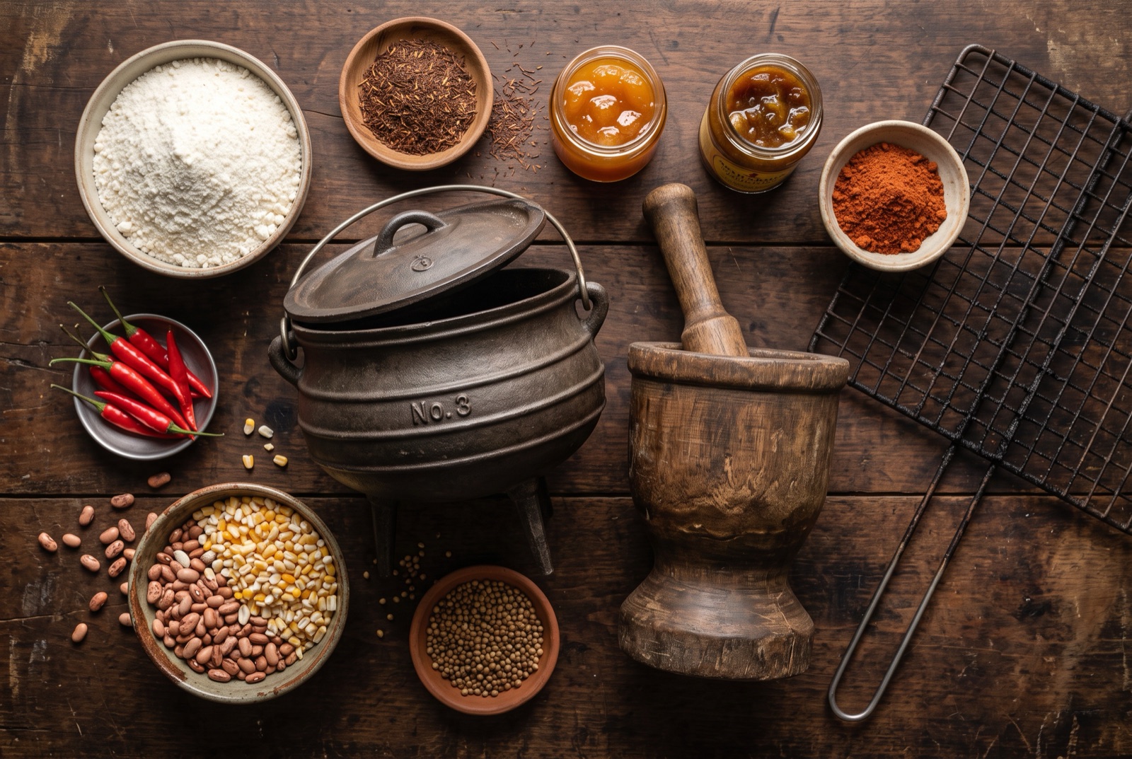 South African kitchen staples — white maize meal, samp and sugar beans, dried apricots and coriander seed — laid out on a dark table