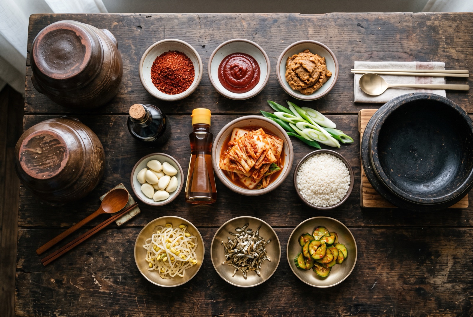 Overhead photograph of South Korea kitchen staples — gochugaru, gochujang and doenjang, soy sauce and garlic — with earthenware onggi jars on a dark wooden table