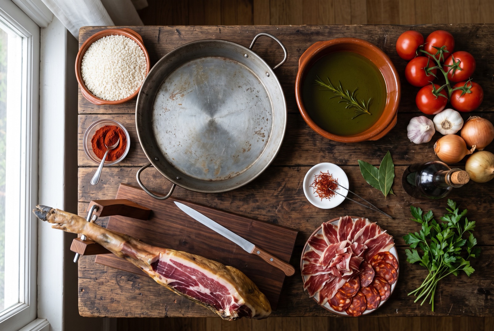 Overhead photograph of Spain kitchen staples — olive oil, garlic, pimentón and saffron — with steel paella pan on a dark wooden table