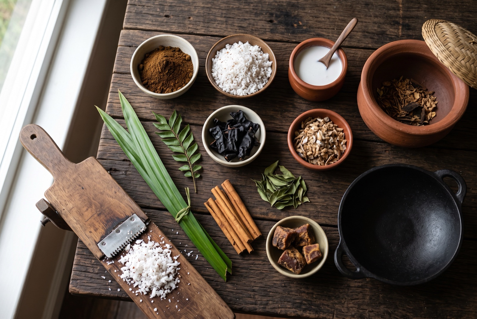 Overhead photograph of Sri Lankan kitchen staples — scraped coconut, roasted curry powder, curry leaves, pandan and dried chiles — on a dark wooden table
