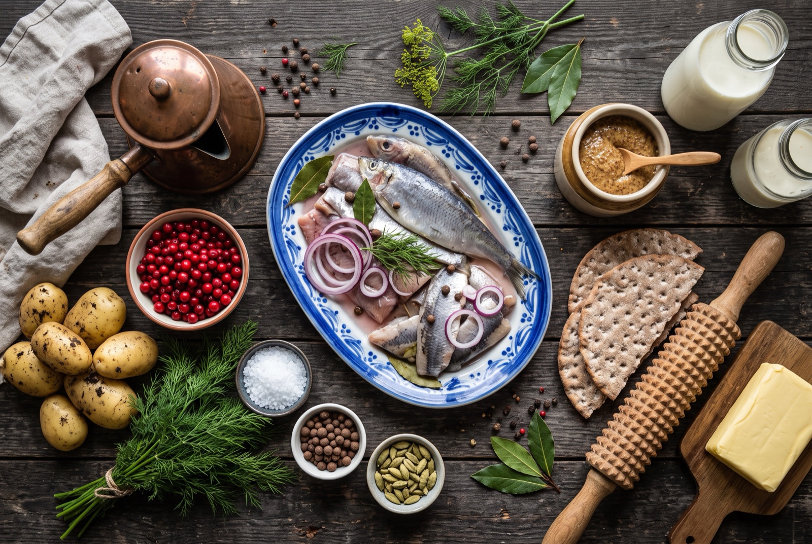 Overhead photograph of Sweden kitchen staples — potatoes, dill, lingonberries and allspice — with wooden board on a dark wooden table