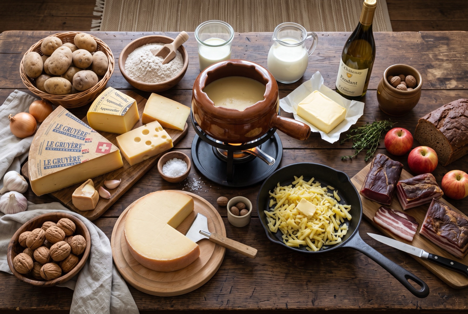 Overhead photograph of Switzerland kitchen staples — Gruyère and other alpine cheeses, butter, potatoes and cream — with ceramic caquelon fondue pot on a dark wooden table