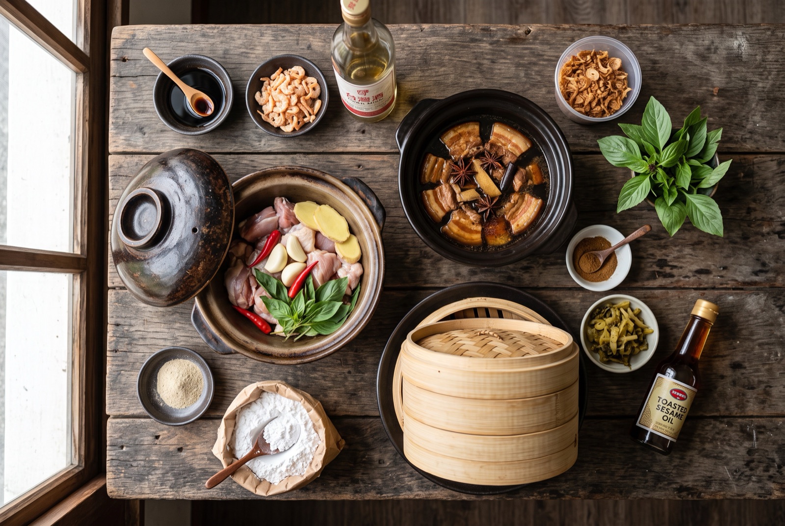 Overhead photograph of Taiwanese kitchen staples — soy sauce, rice wine, fried shallots, sesame oil and star anise — on a dark wooden table