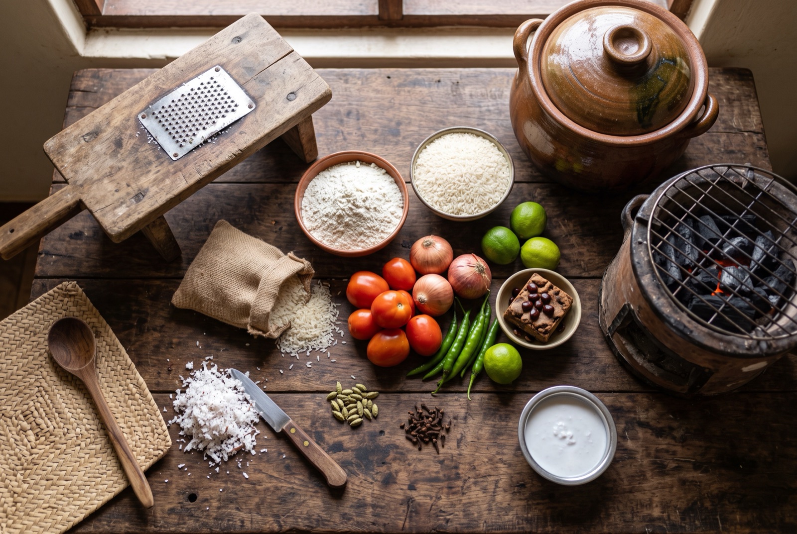 Overhead photograph of Tanzanian kitchen staples — coconut, white maize flour, cardamom and limes — on a dark wooden table