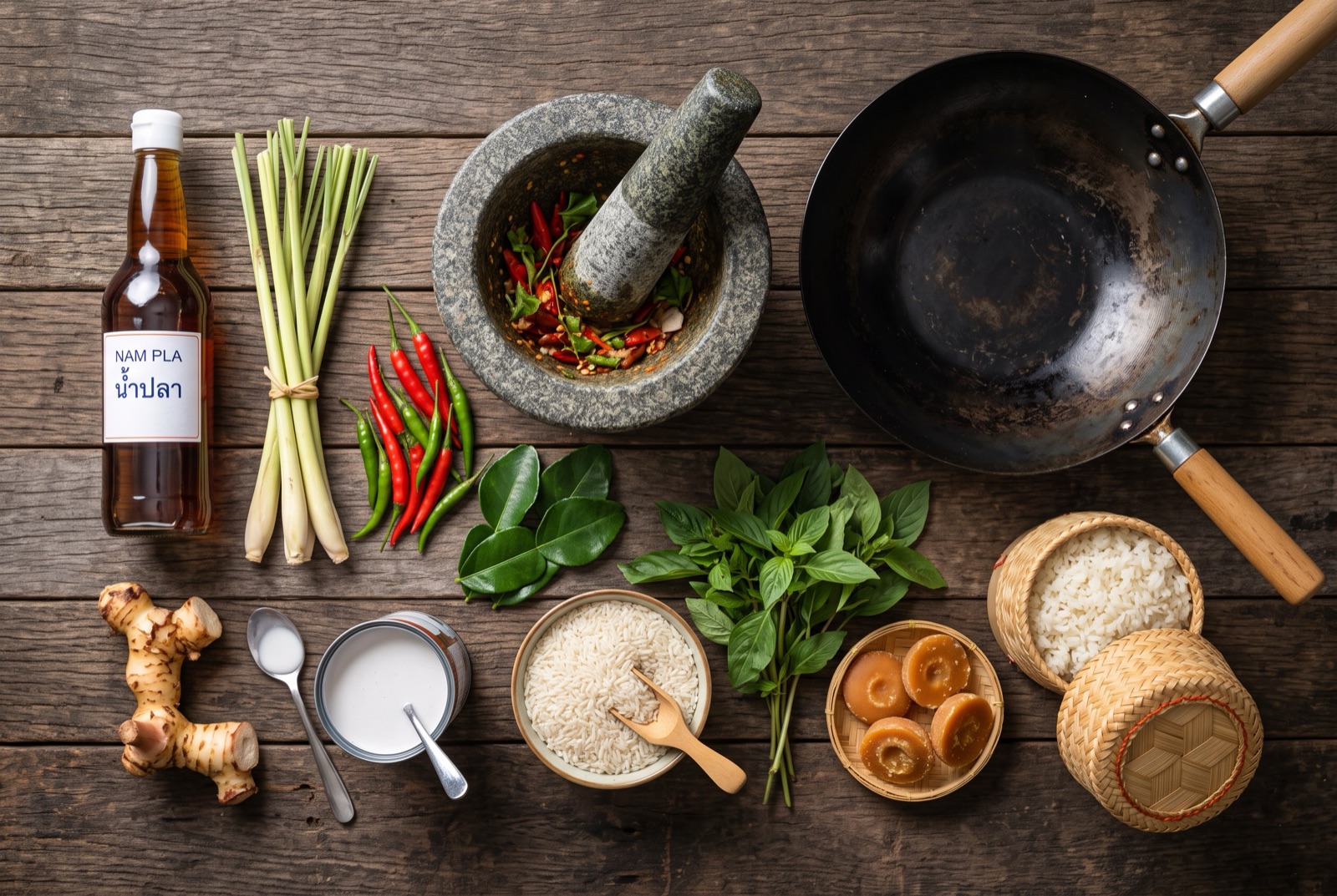 Overhead photograph of Thailand kitchen staples — fish sauce, lemongrass, galangal and makrut lime leaves — with granite mortar on a dark wooden table