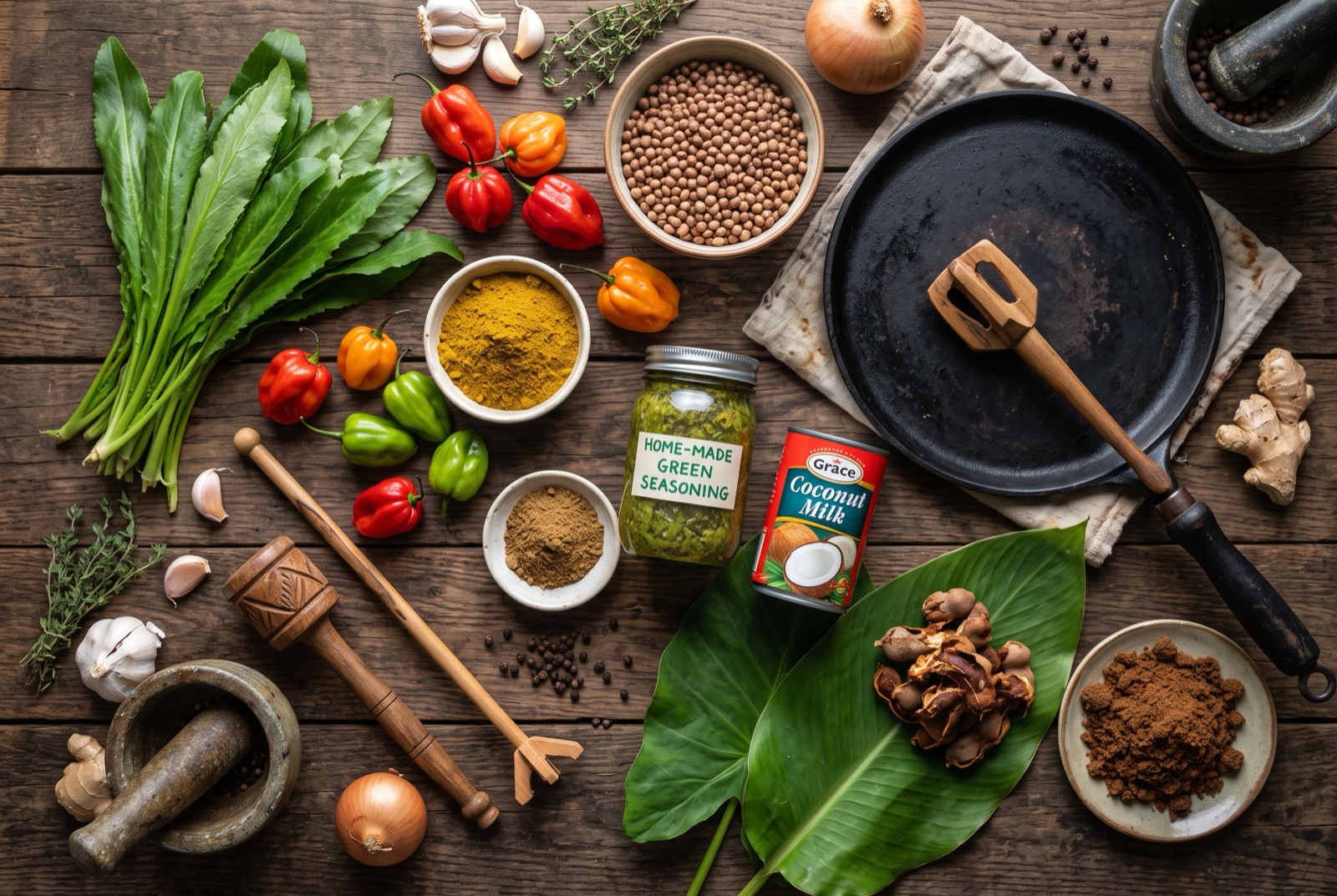 Trinidadian kitchen staples on a dark board — chadon beni leaves, Scotch bonnet peppers, curry powder, pigeon peas and a block of tamarind
