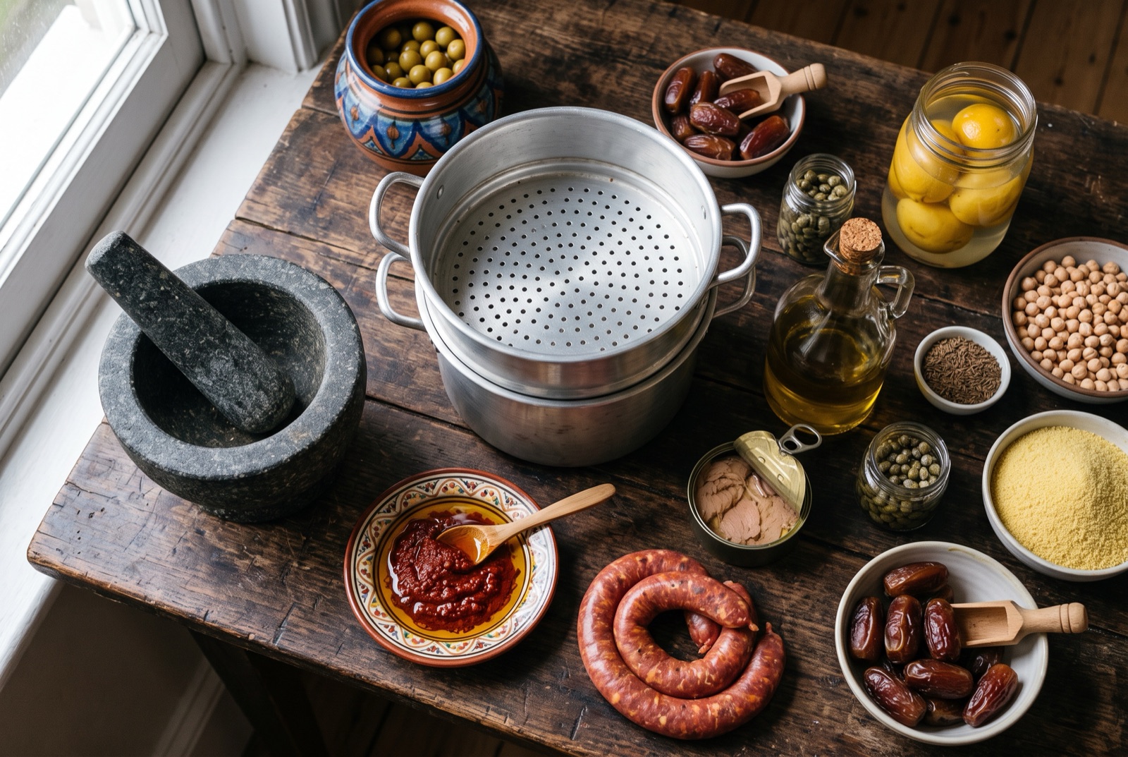 Tunisian kitchen staples on a stone counter — harissa in a bowl, olive oil, dried chillies, caraway and canned tuna