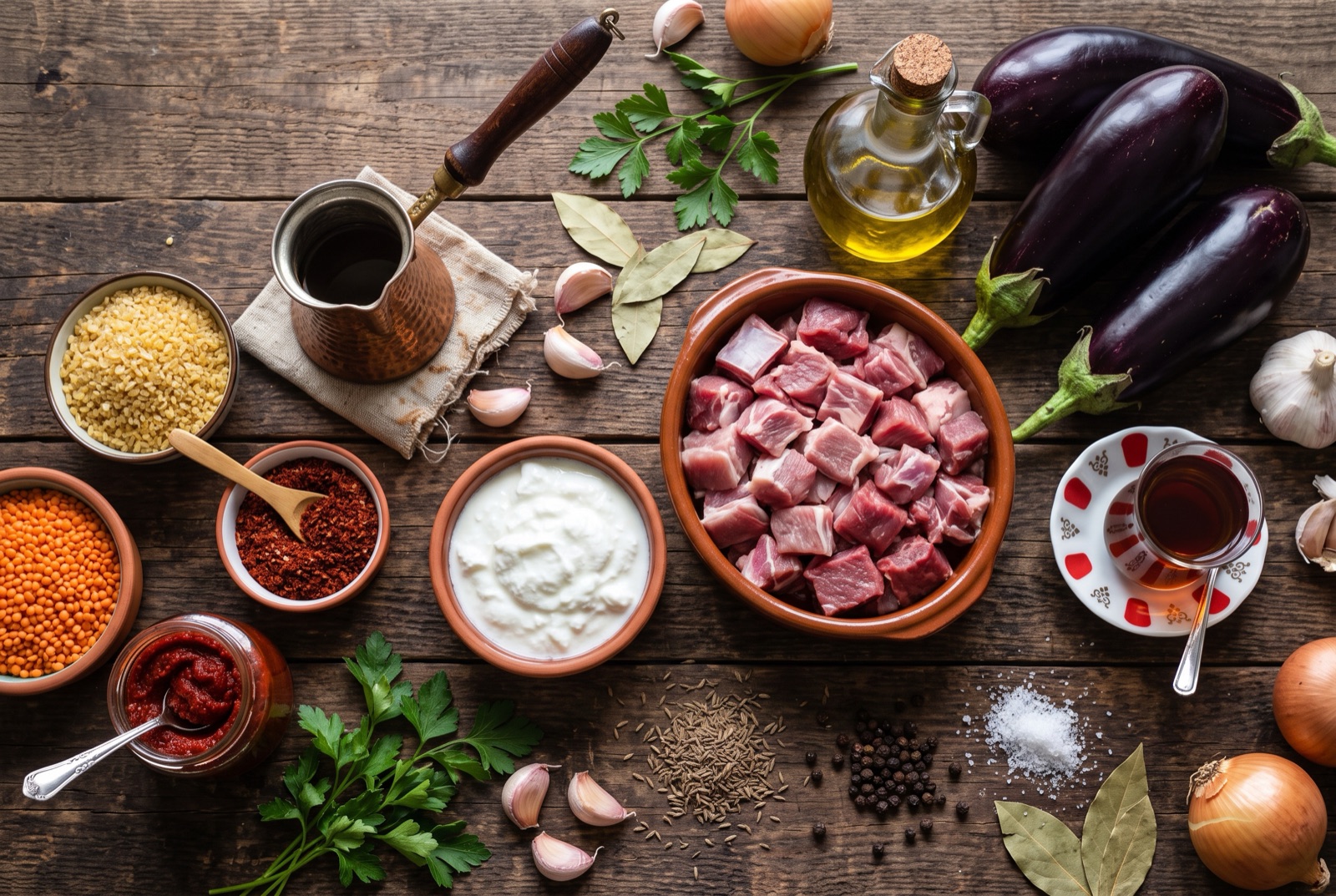Overhead photograph of Turkey kitchen staples — pul biber, red lentils, yogurt and eggplant — with copper pot on a dark wooden table