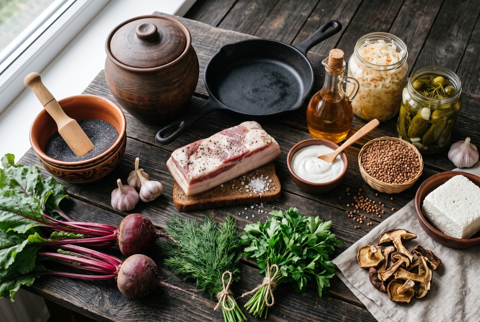 Ukrainian kitchen staples on a dark table — beetroot, garlic, dill, dark rye bread and a jar of sour cream