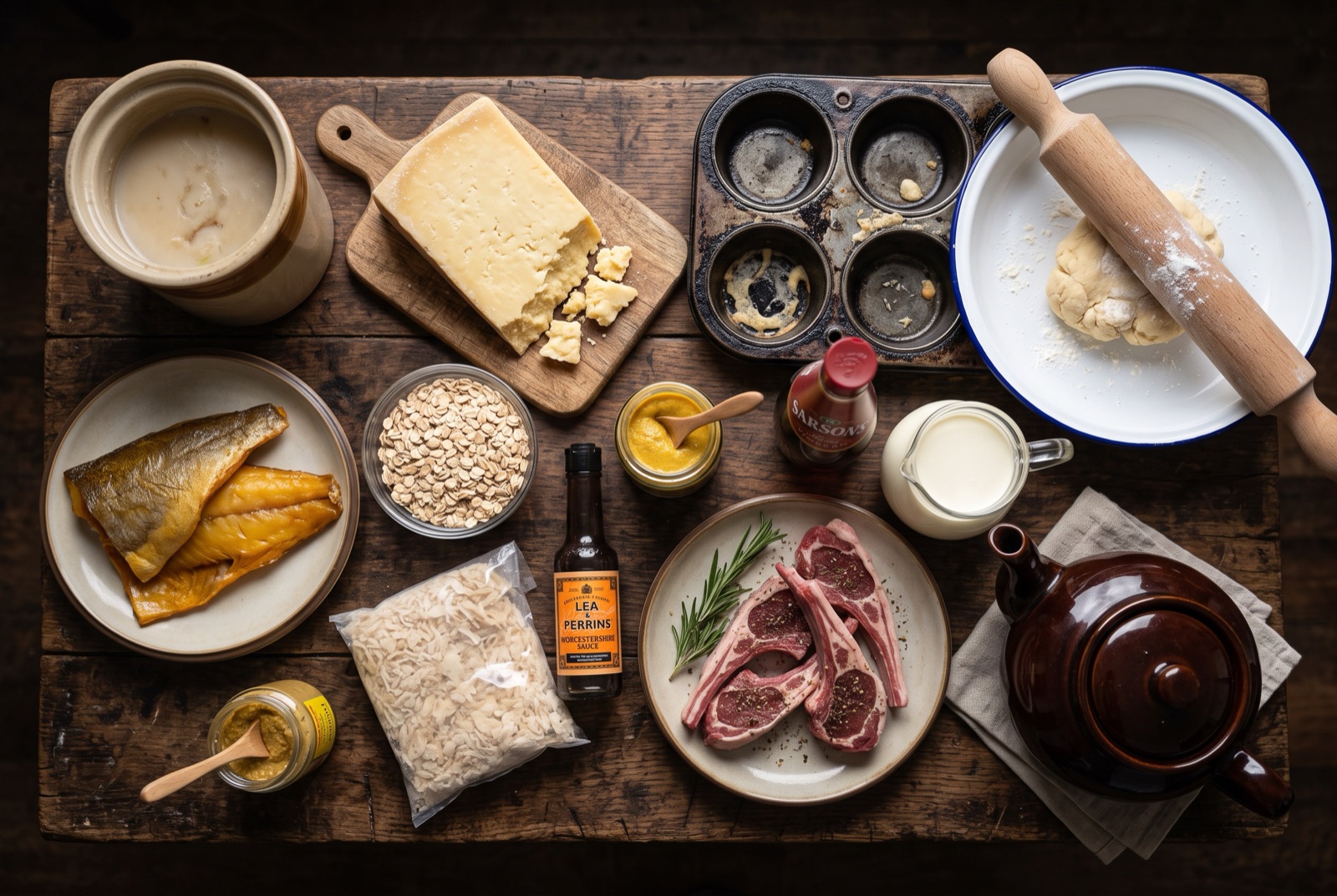 Overhead photograph of United Kingdom kitchen staples — beef dripping, Cheddar, smoked haddock and oats — with enamel pie dish on a dark wooden table