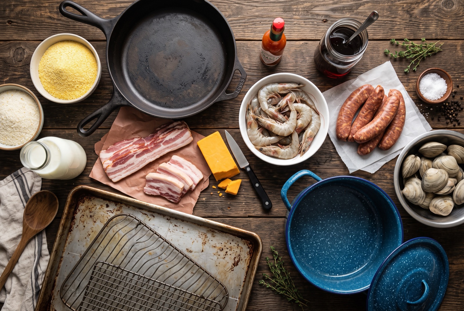 Overhead arrangement of American pantry staples — cornmeal, buttermilk, bacon, sharp cheddar and cayenne hot sauce — on a dark wooden table