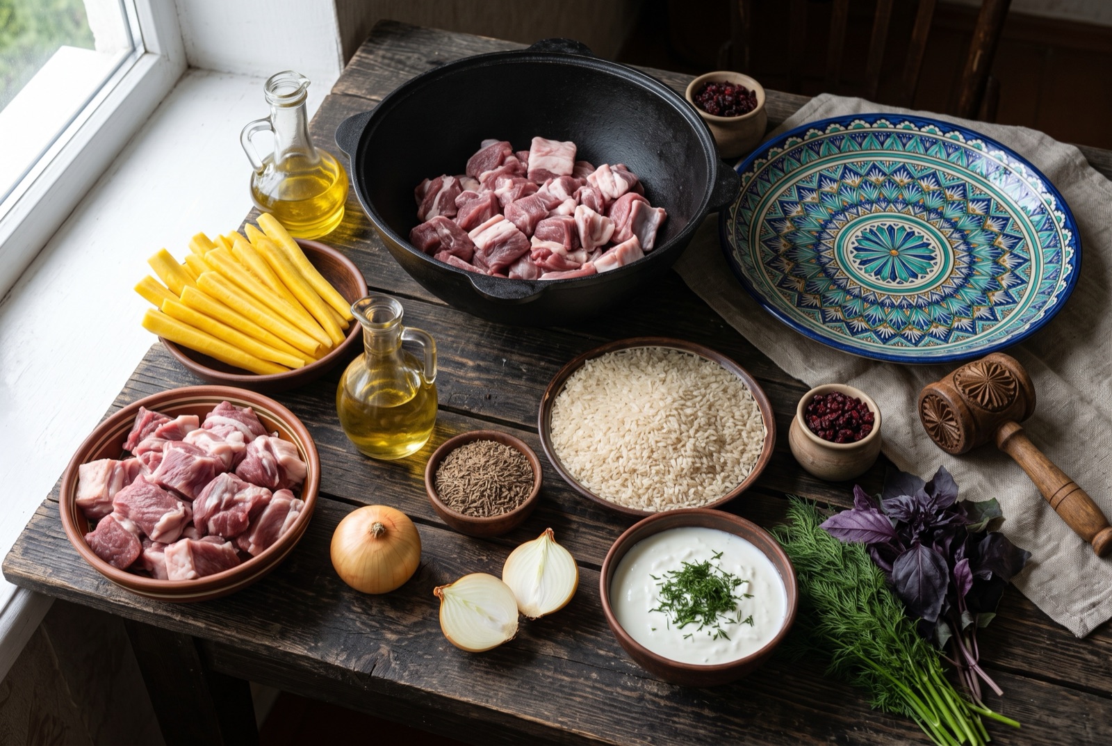Uzbek kitchen staples arranged on a cloth — lamb, yellow carrots, devzira rice, cumin and a round tandir loaf