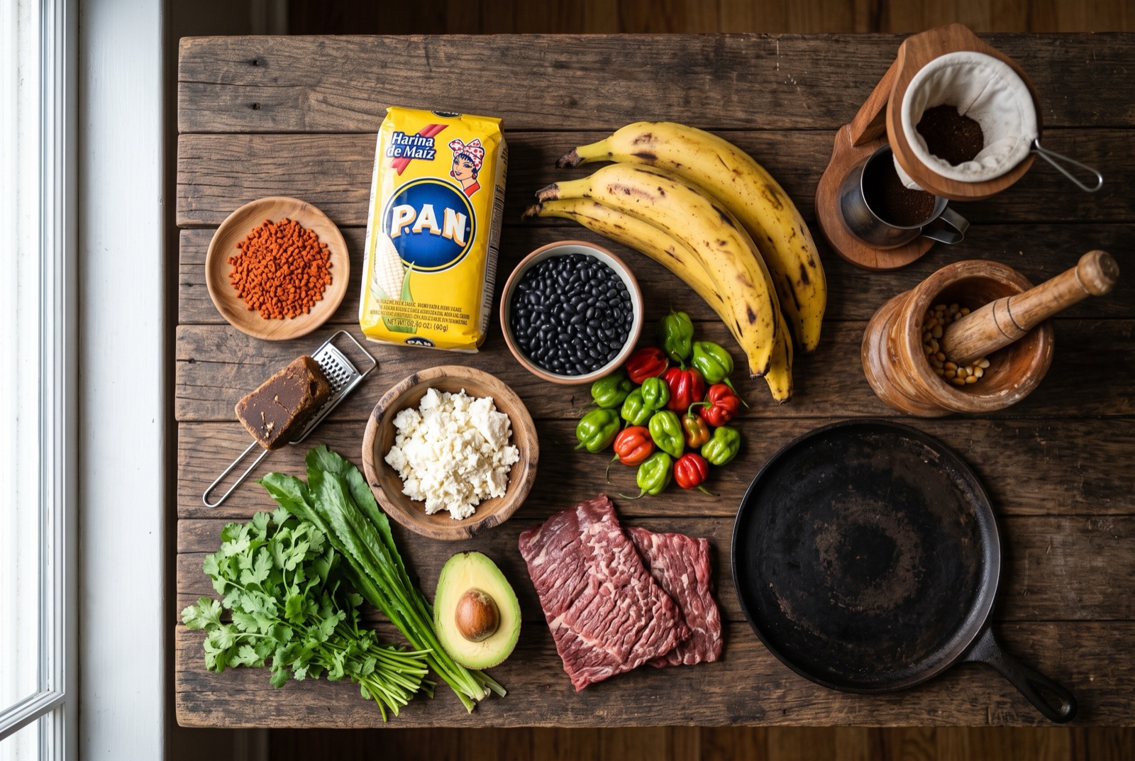 Illustration of Venezuelan kitchen staples — corn flour, black beans, plantains, avocado and fresh white cheese