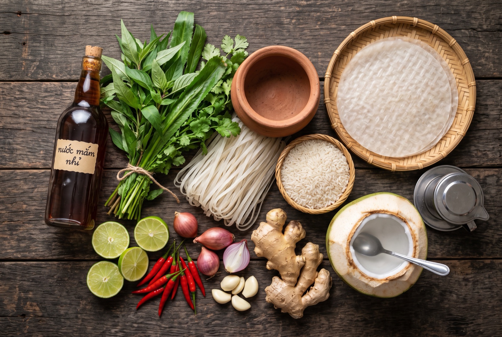 Overhead photograph of Vietnam kitchen staples — fish sauce, rice and rice noodles, fresh herbs (mint and Thai basil — with clay pot on a dark wooden table
