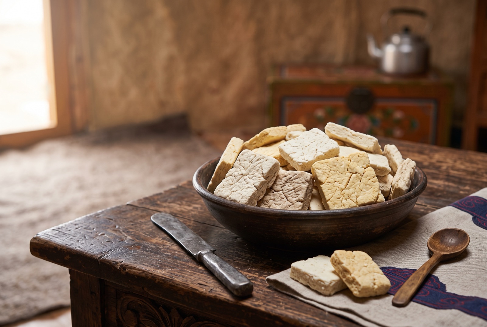 Pale hard chunks of Mongolian aaruul dried milk curd on a woven rack, some pressed with a carved pattern