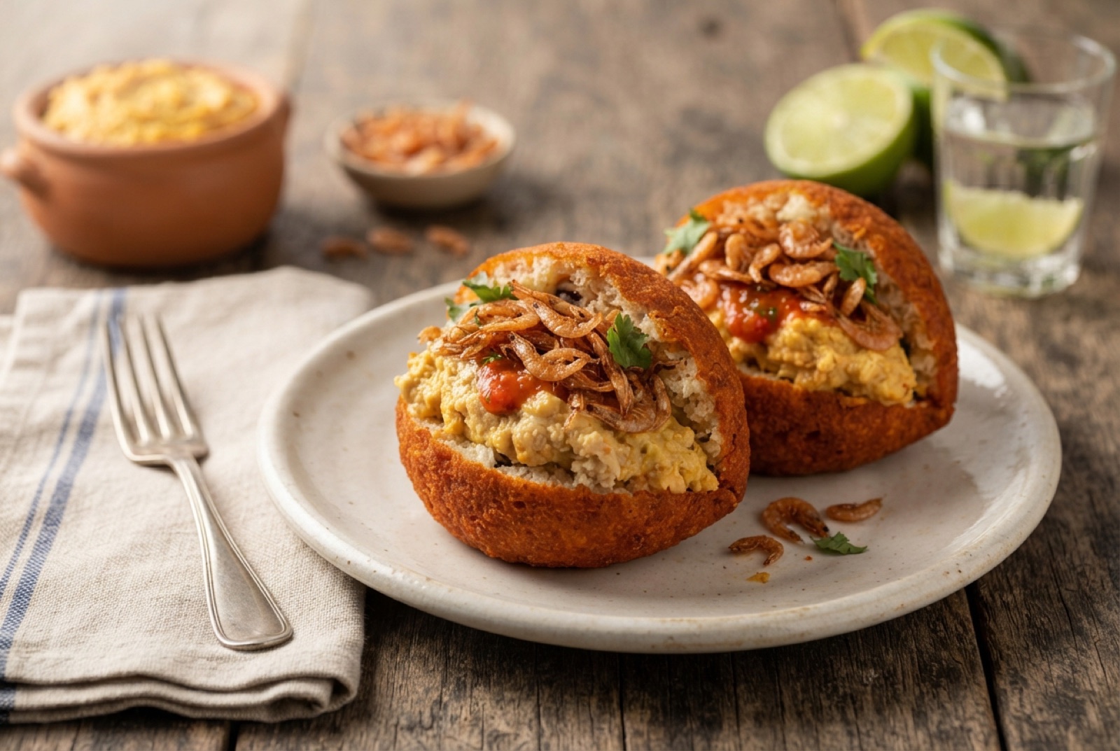 Split orange acaraje fritter filled with pale vatapa paste, okra caruru and whole dried shrimp