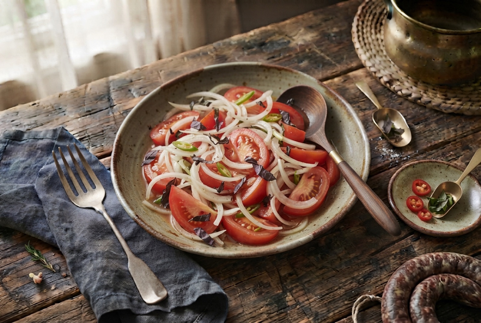 Shallow dish of sliced ripe tomatoes with paper-thin onion rings, green chilli and purple basil leaves